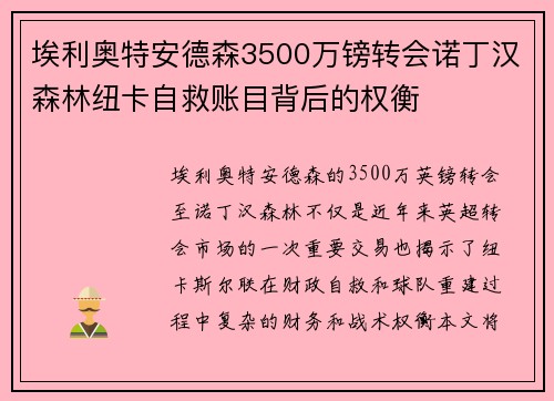 埃利奥特安德森3500万镑转会诺丁汉森林纽卡自救账目背后的权衡